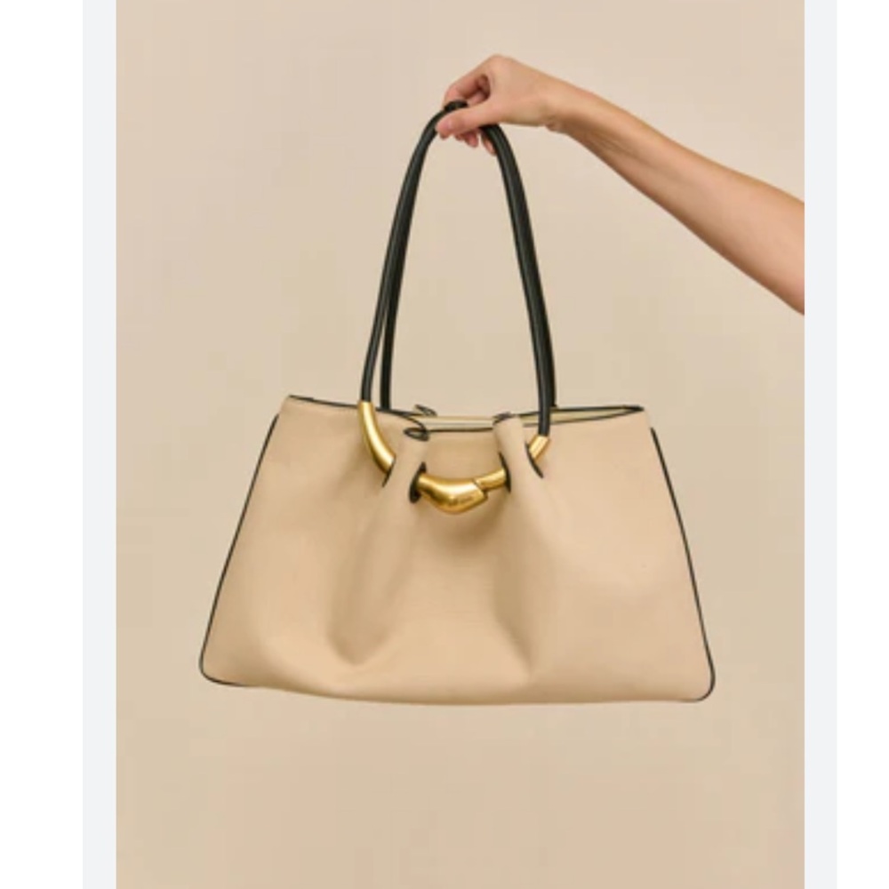 Cult Gaia Asa Satchel in Canvas Beach Leather Strap Structural Brass Bag NEW